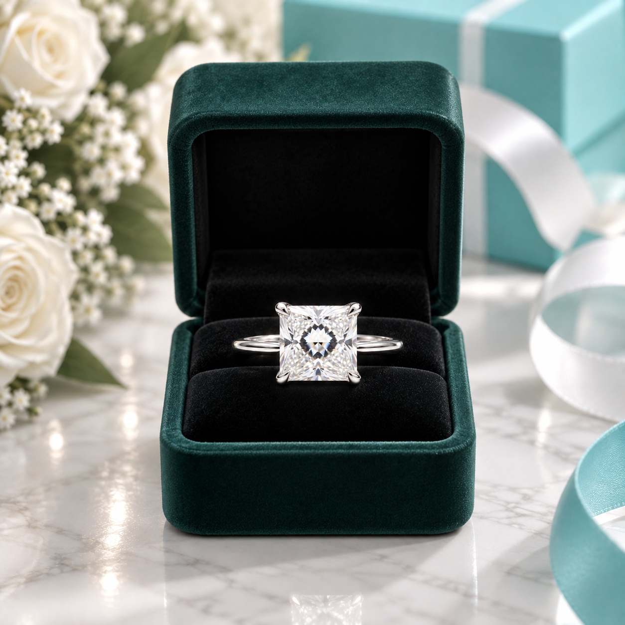A square princess-cut diamond ring with a blue center stone set in a silver band, displayed inside an open dark green velvet ring box on a marble surface with white roses and a turquoise gift box in the background.