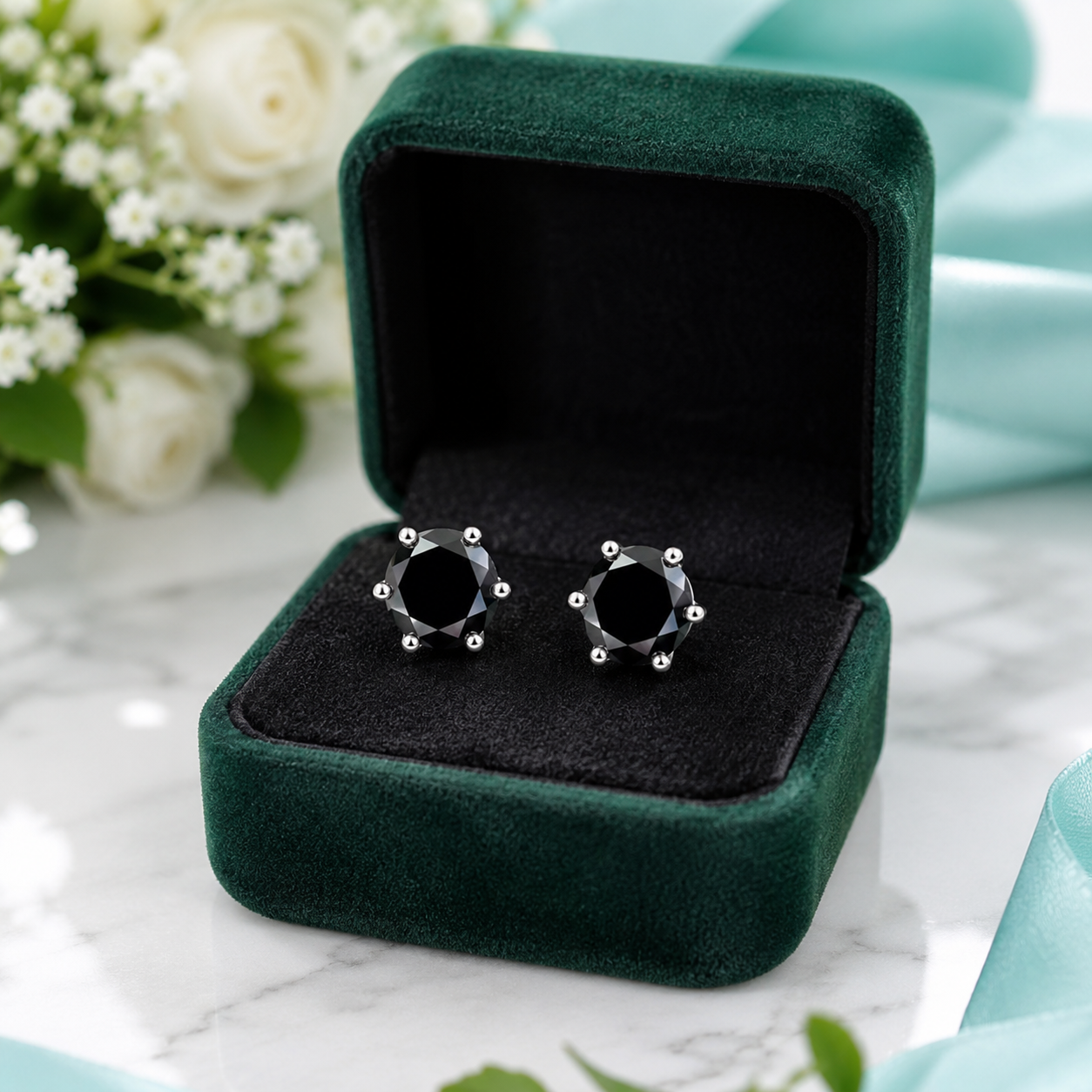A pair of round black stud earrings with silver prongs, presented in an open dark green velvet jewelry box on a white marble surface with white roses and light blue ribbon in the background.