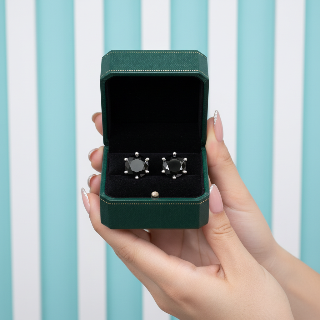 A pair of silver-toned stud earrings with dark round centers and small clear stones, presented in an open dark green jewelry box held by two hands against a light blue and white striped background.