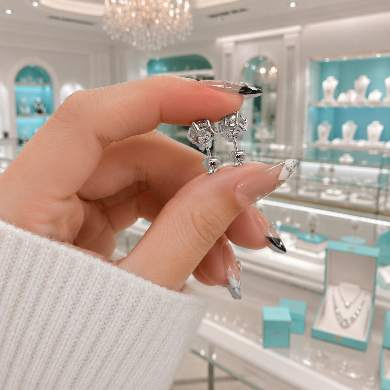 A hand with long manicured nails holds a pair of silver-toned hoop earrings with clear stones in a bright jewelry store. Tiffany-style turquoise display boxes and shelves are visible in the background.