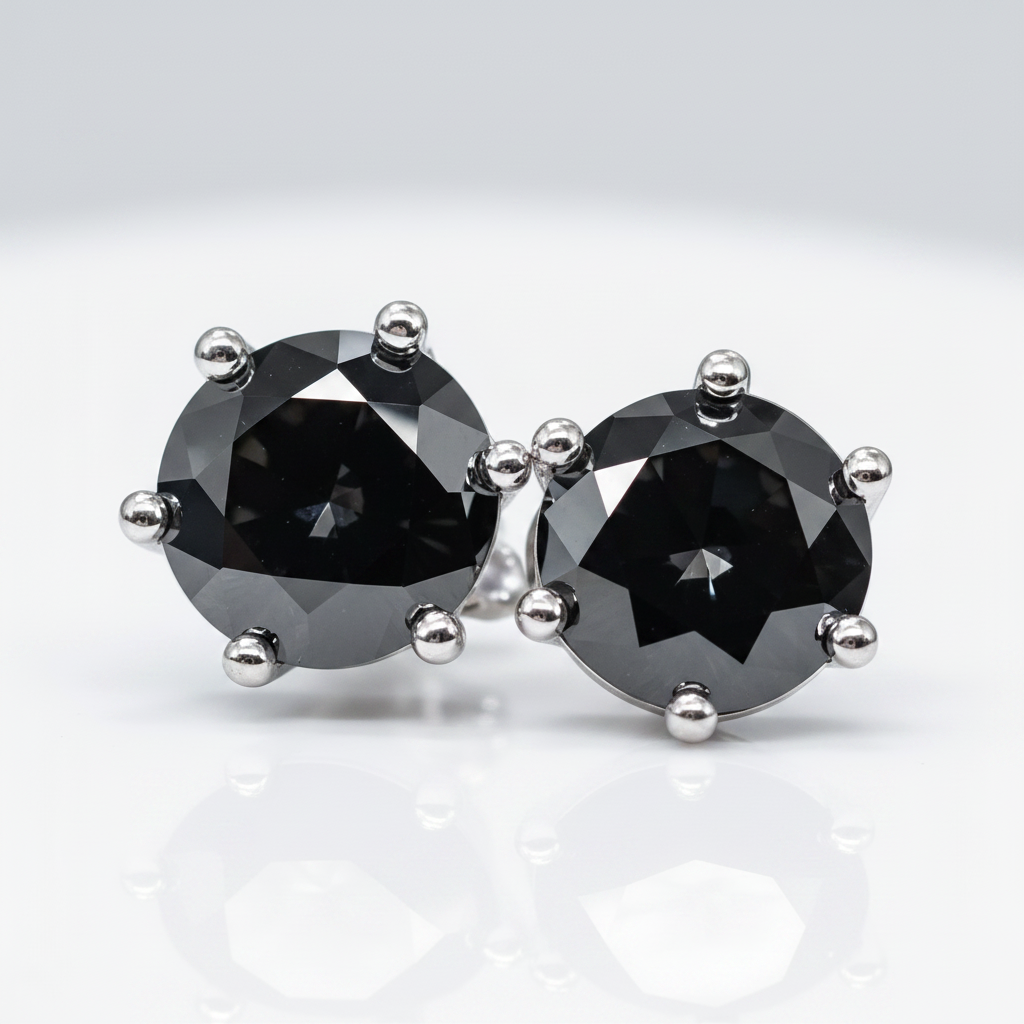 A pair of stud earrings featuring round faceted black gemstones in silver prong settings, displayed on a clean white reflective surface.