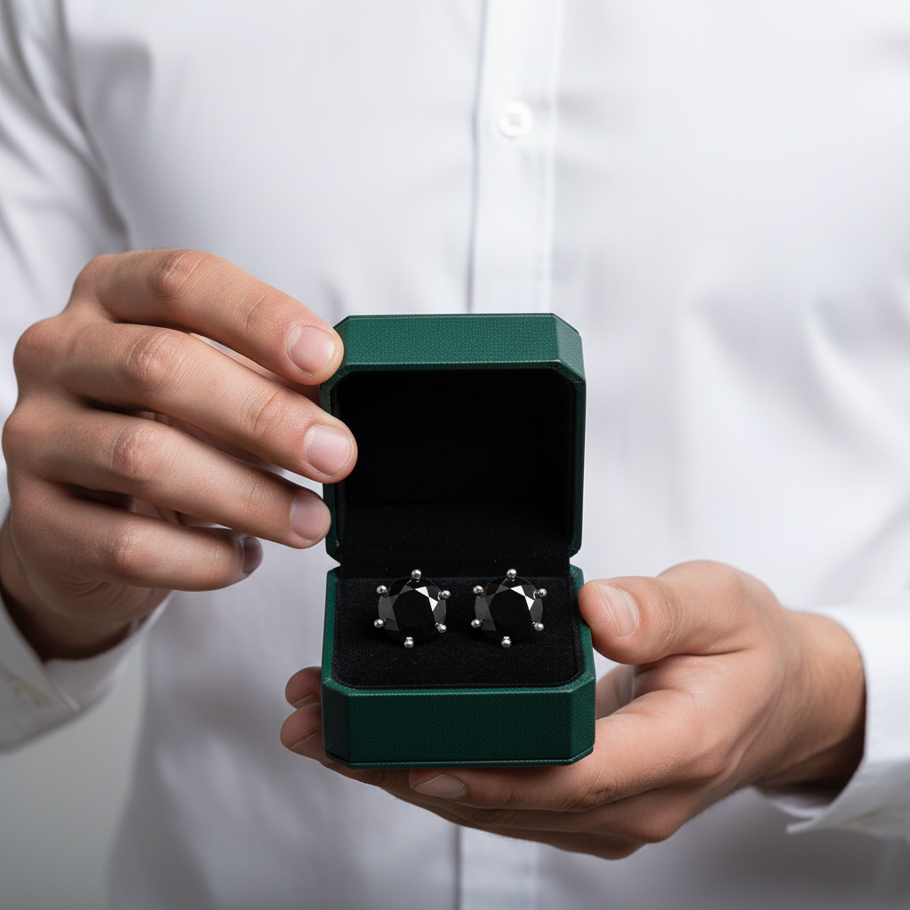 A person in a white shirt holds an open dark green jewelry box displaying a pair of silver-toned earrings with black and white geometric details.