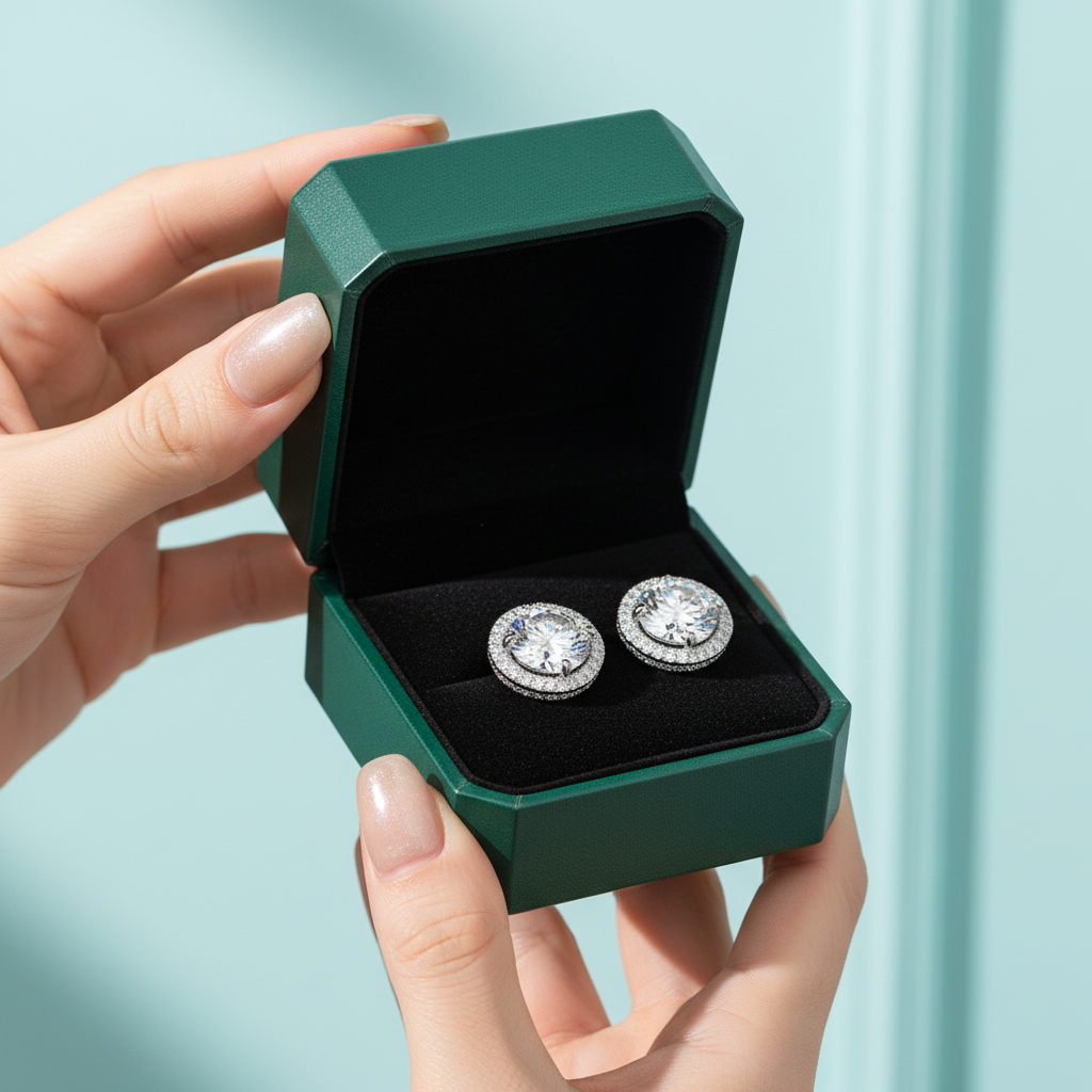 A pair of round diamond stud earrings displayed in an open dark green jewelry box held by two hands against a light blue background.