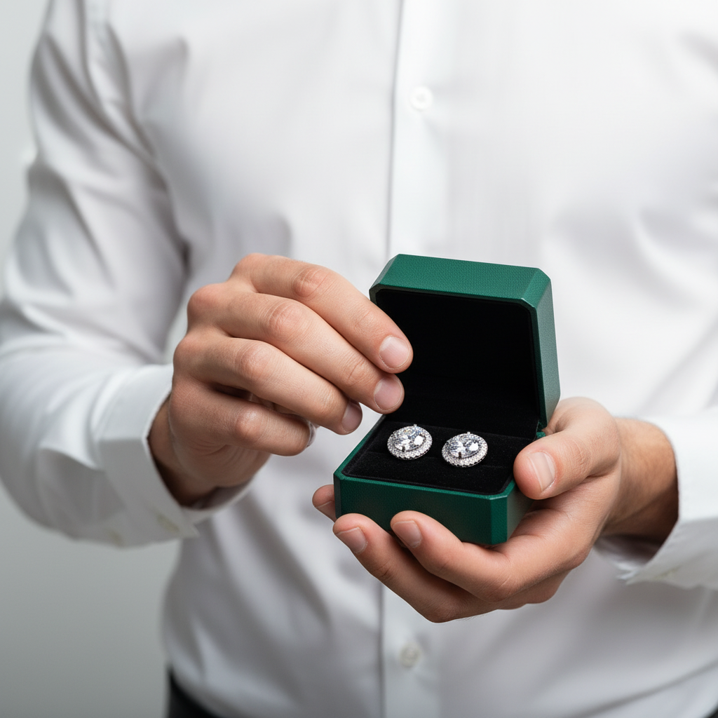 A person in a white dress shirt holds an open dark green jewelry box containing two round silver-toned cufflinks on a black velvet insert.