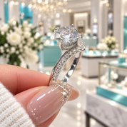 A close-up of a hand with pink manicured nails holding a silver-toned diamond engagement ring with a marquise-cut center stone and a pavé-set band.