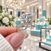A close-up of a hand holding a silver engagement ring with a round brilliant-cut center stone and pavé-set band, with a blurred jewelry store interior in the background featuring turquoise display boxes and chandeliers.