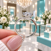 A close-up of a hand holding a silver-toned diamond ring with a large round center stone and pavé-set band with its signature turquoise display cases.