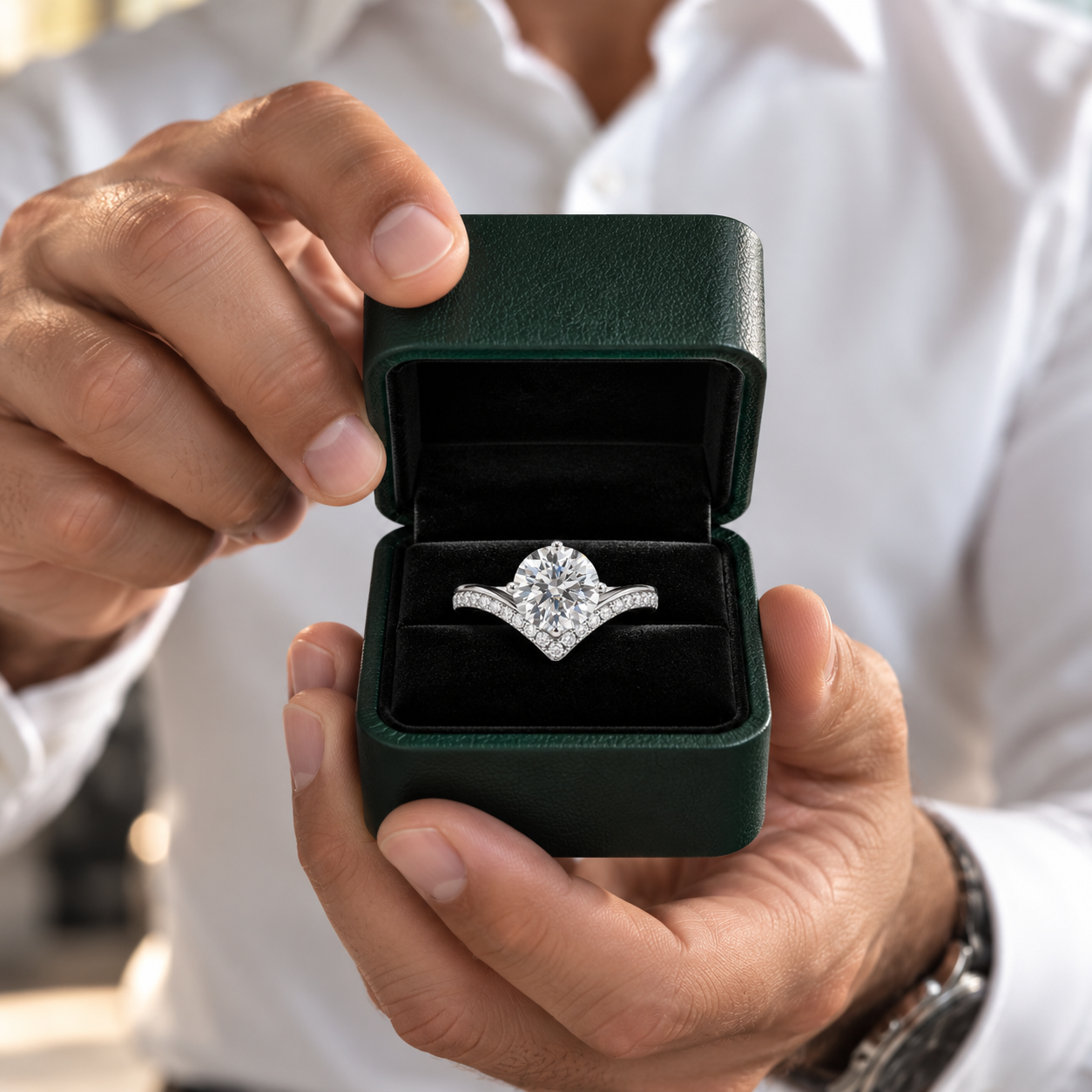 A close-up of a person in a white shirt holding an open dark green ring box that displays a diamond engagement ring.