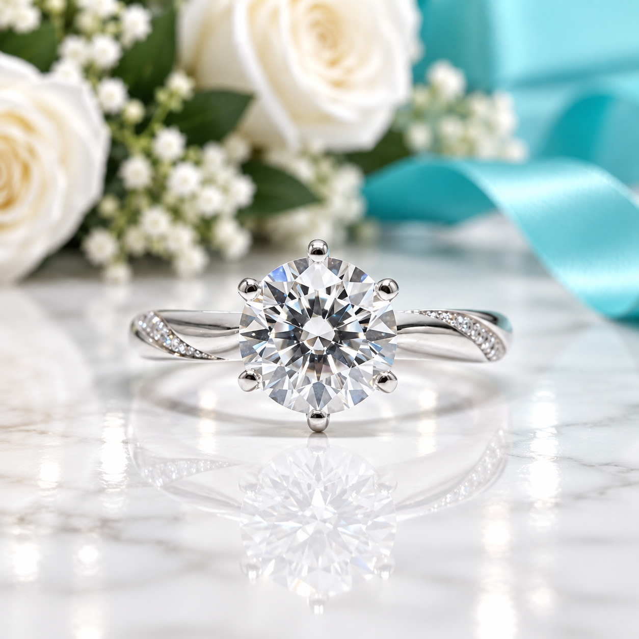 A silver solitaire engagement ring with a round-cut clear gemstone and small pavé accents on the band, displayed on a white marble surface with white roses, greenery, and a turquoise ribbon in the background.
