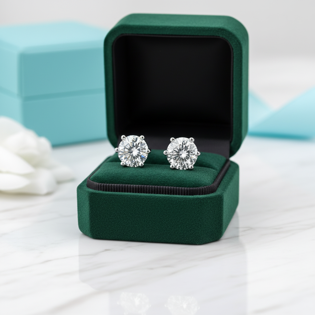 A pair of round-cut diamond stud earrings in a silver setting, presented in an open dark green velvet jewelry box on a white marble surface.