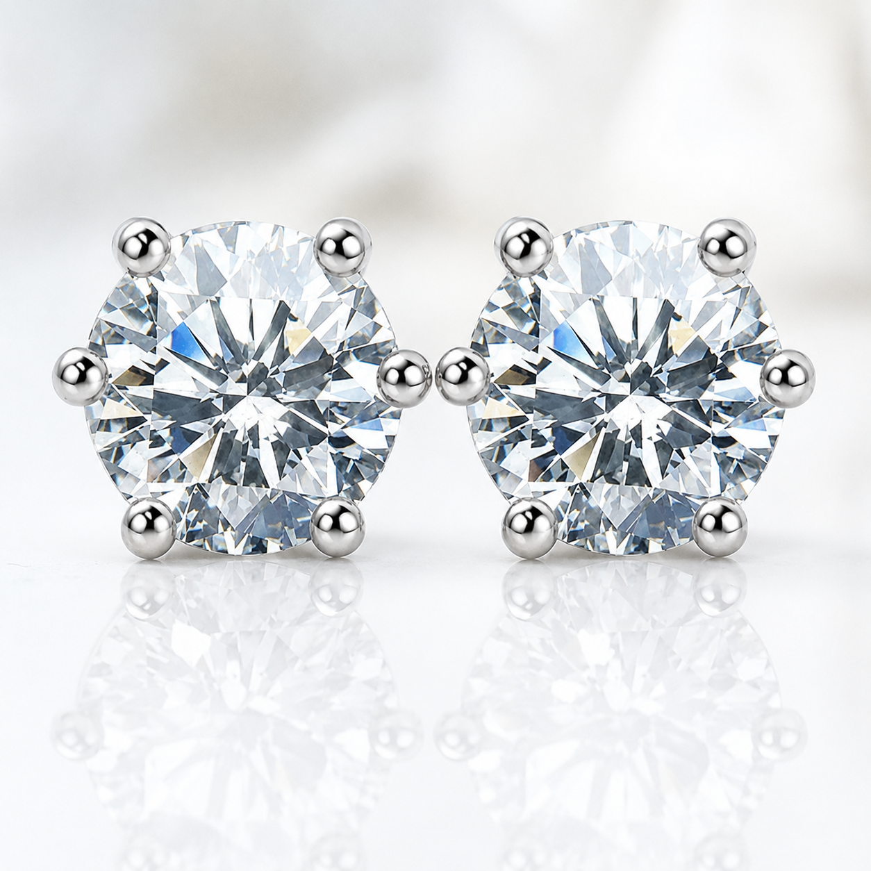 A pair of round-cut diamond stud earrings in a six-prong setting with silver-toned metal, displayed on a reflective white surface against a soft white background.