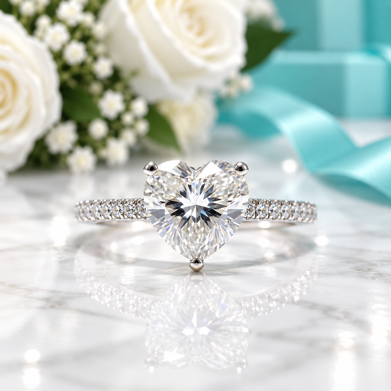 A heart-shaped diamond engagement ring with a pavé band, displayed on a white marble surface with a reflection. In the background, there are white roses, baby's breath, a light blue ribbon, and a blurred light blue gift box.