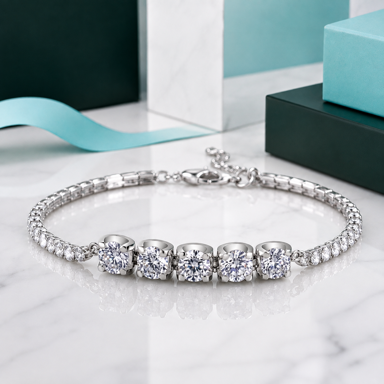 A silver tennis bracelet with five round-cut center stones and a row of small pavé stones, displayed on a white marble surface with turquoise and dark green gift boxes in the background.