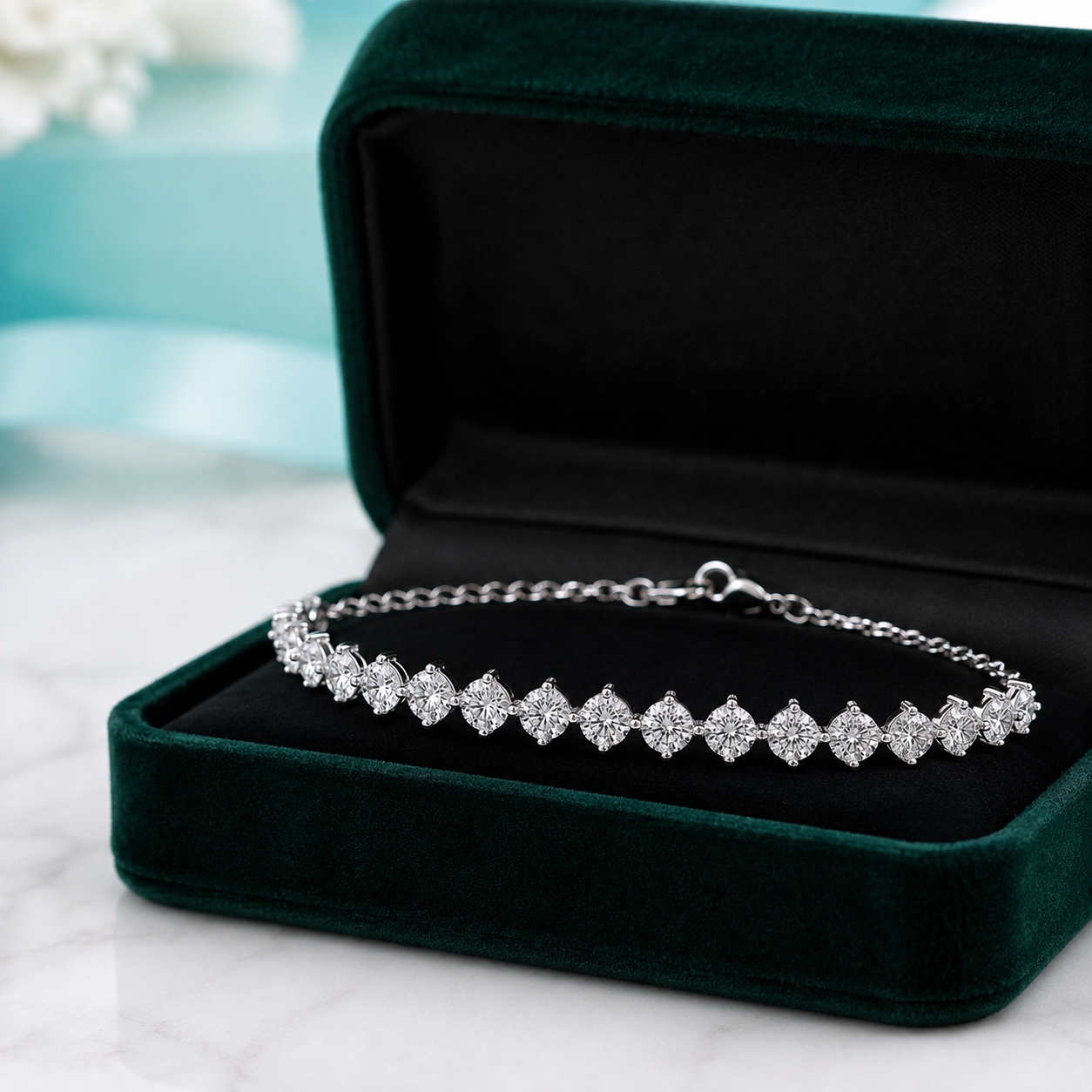 A silver tennis bracelet with sparkling clear stones, displayed inside an open dark green velvet jewelry box on a white marble surface.