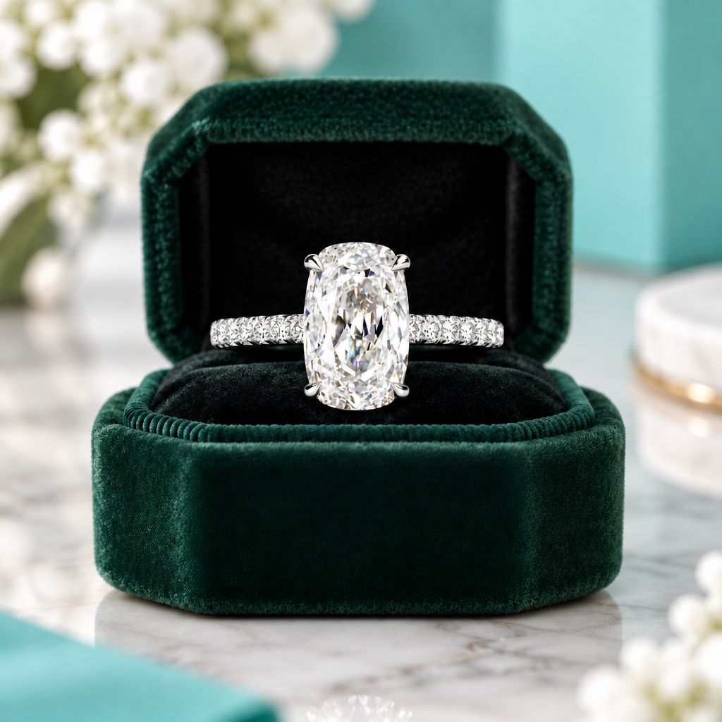 An oval-cut diamond engagement ring with a radiant-cut center stone in a four-prong setting, featuring a pavé-set band in white metal, shown on a clean white background with a soft reflection below.