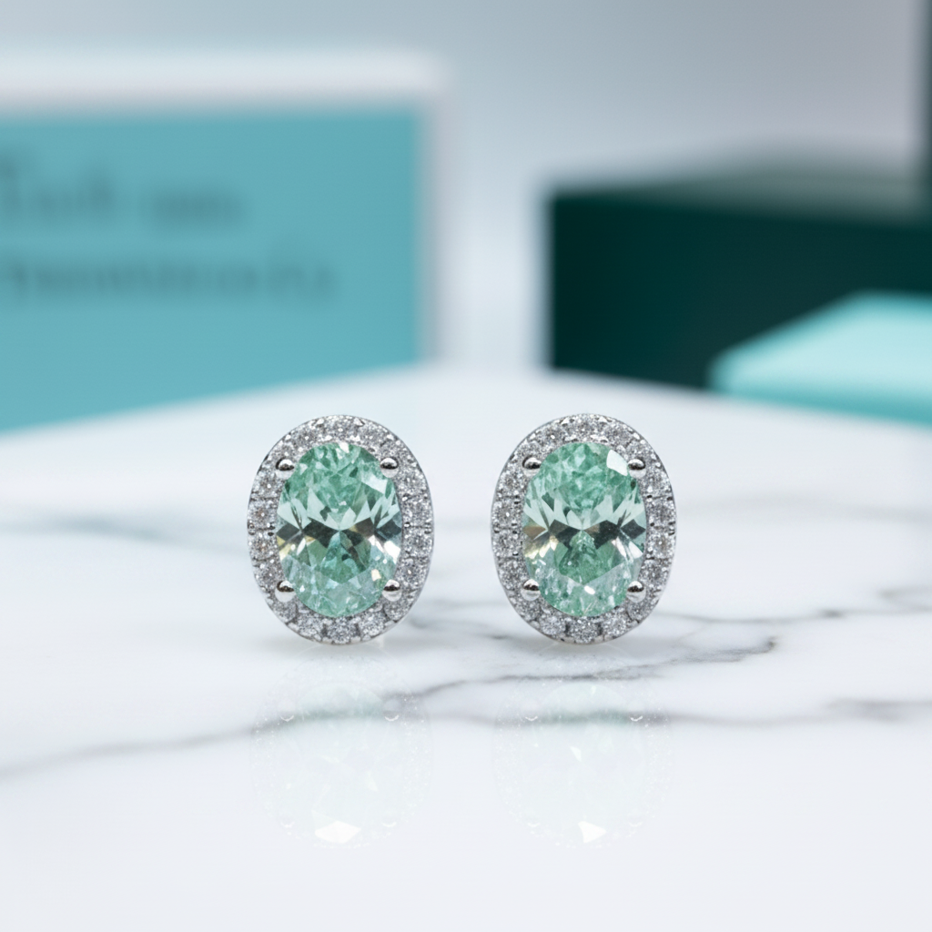 2.0 Ct Apple Green Oval Diamond Halo Stud Earrings-Evani Jewelry