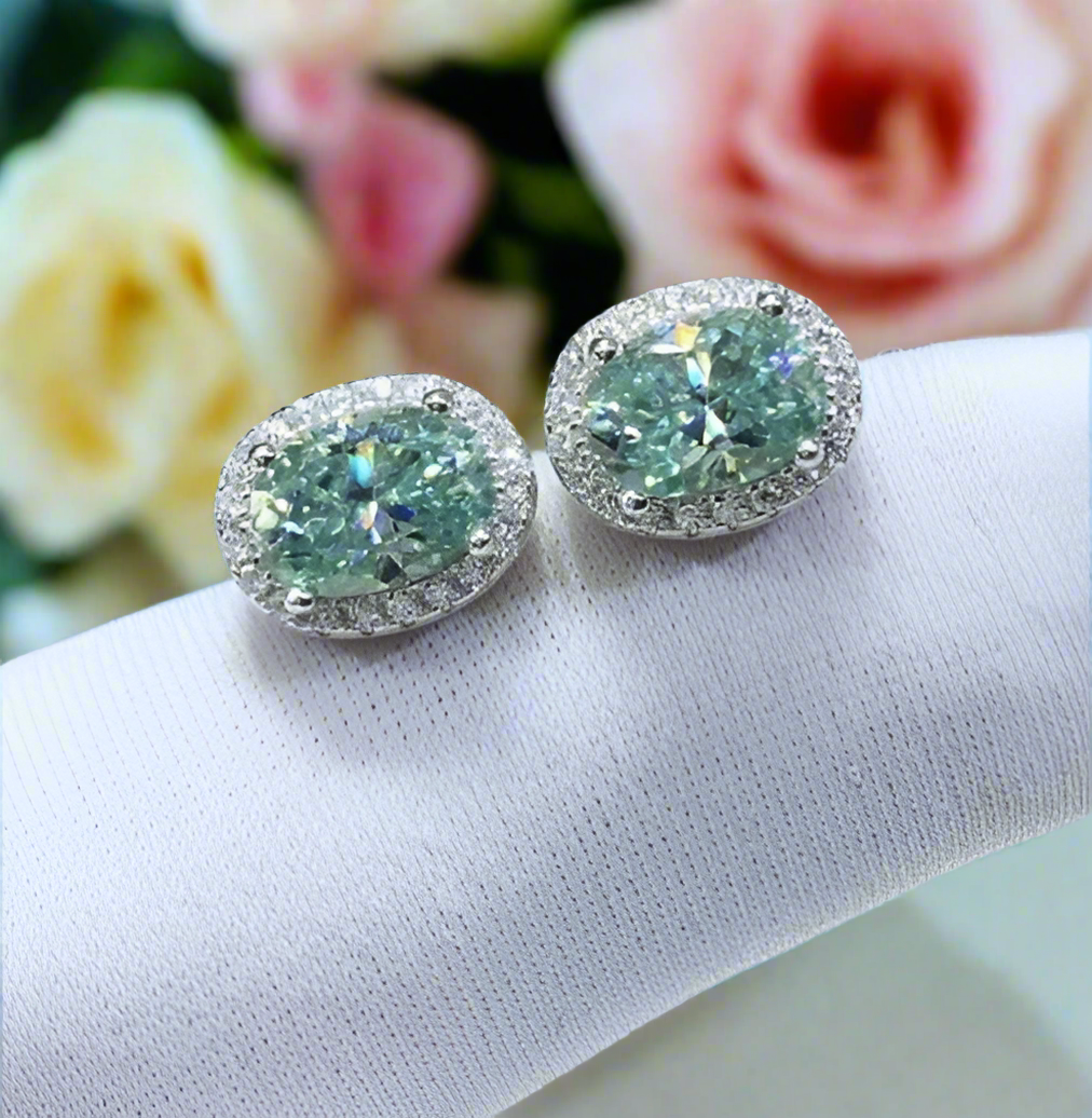 2.0 Ct Apple Green Oval Diamond Halo Stud Earrings-Evani Naomi Jewelry
