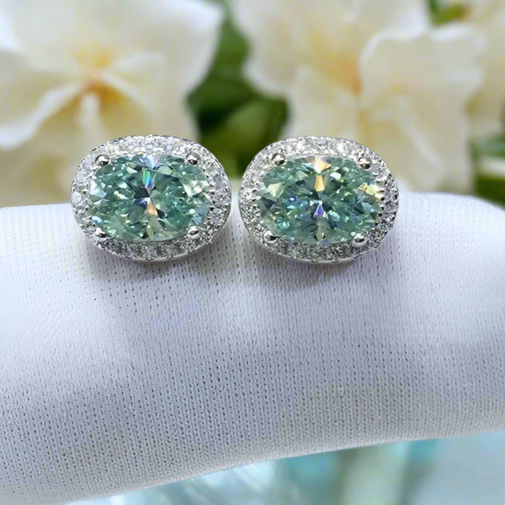2.0 Ct Apple Green Oval Diamond Halo Stud Earrings-Evani Naomi Jewelry