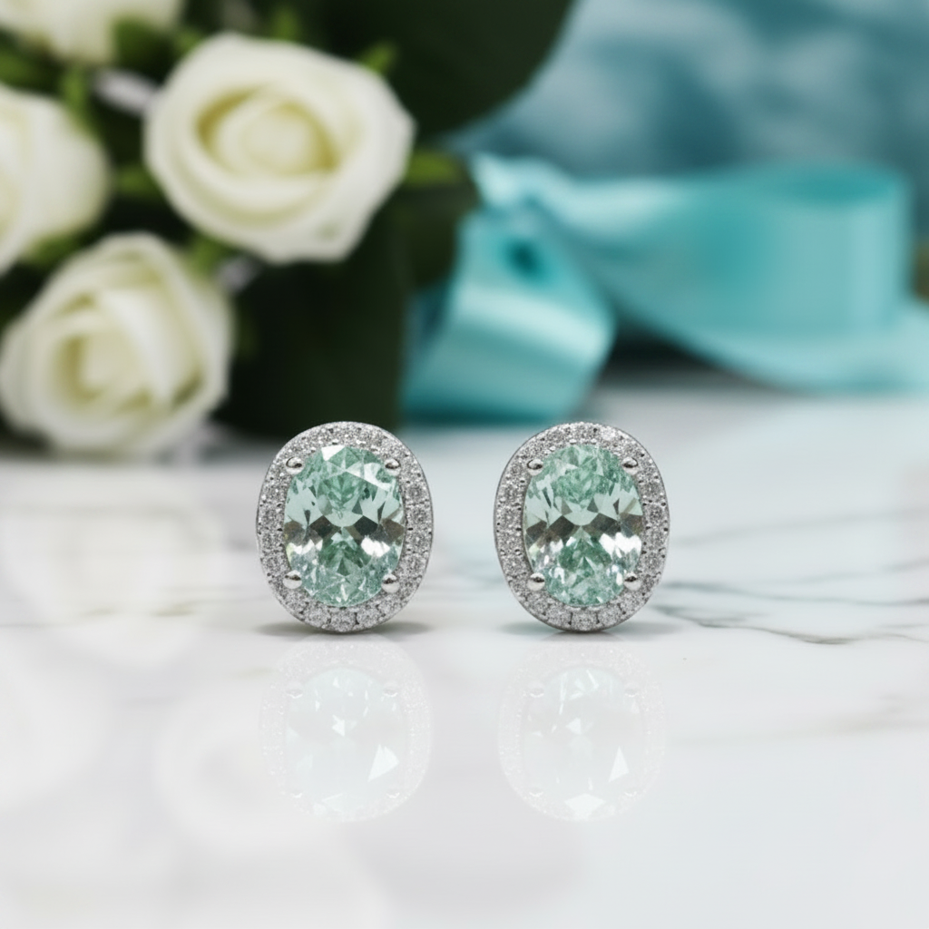 2.0 Ct Apple Green Oval Diamond Halo Stud Earrings-Evani Jewelry