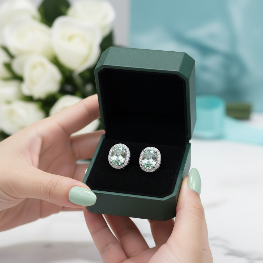 A pair of round stud earrings with large clear center stones and a halo of smaller clear stones, displayed inside an open dark green jewelry box held by hands with mint green nail polish. White roses and a soft blue background are visible.