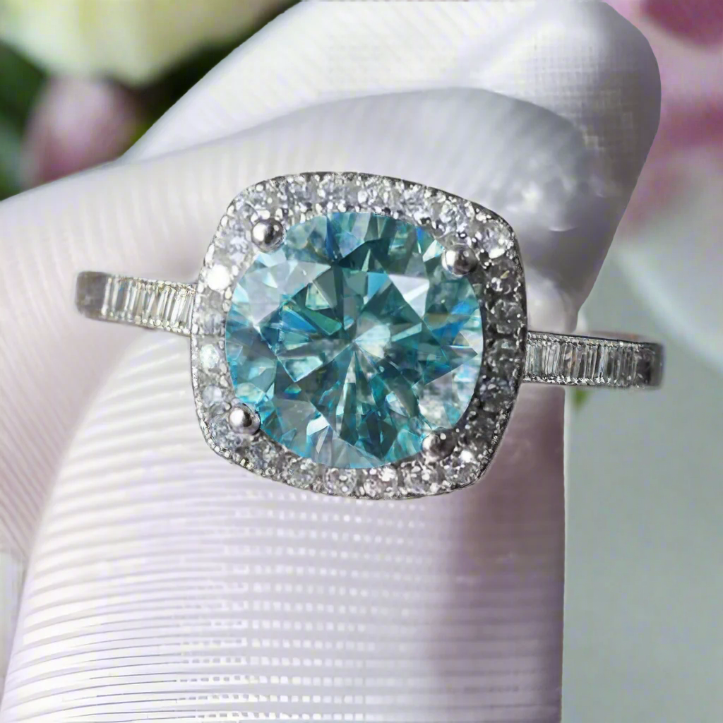 2.0 Ct Blue Green Round Diamond Halo Engagement Ring-Evani Naomi Jewelry