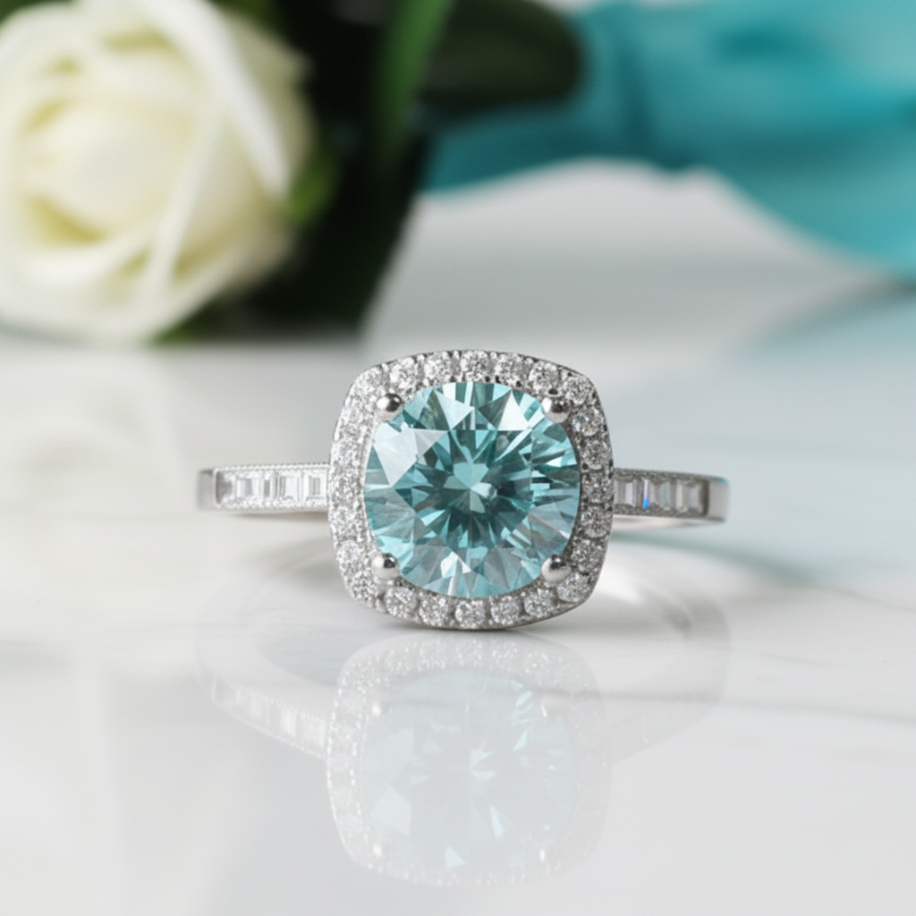 2.0 Ct Blue Green Round Diamond Halo Engagement Ring-Evani Jewelry