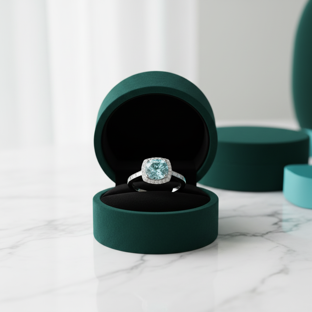 2.0 Ct Blue Green Round Diamond Option Halo Engagement Ring - Evani Naomi Jewelry