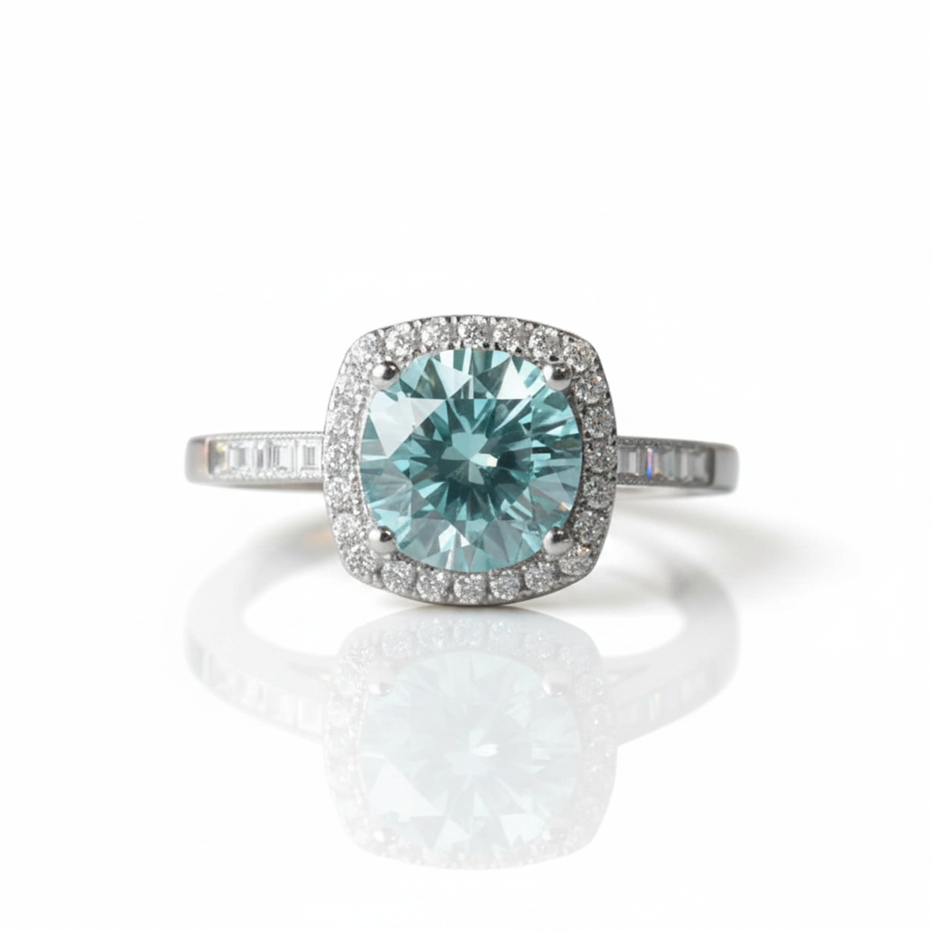 2.0 Ct Blue Green Round Diamond Option Halo Engagement Ring - Evani Naomi Jewelry