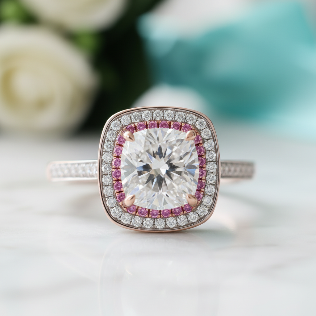2.0 Ct Cushion Cut Diamond Double Halo Engagement Ring-Evani Jewelry