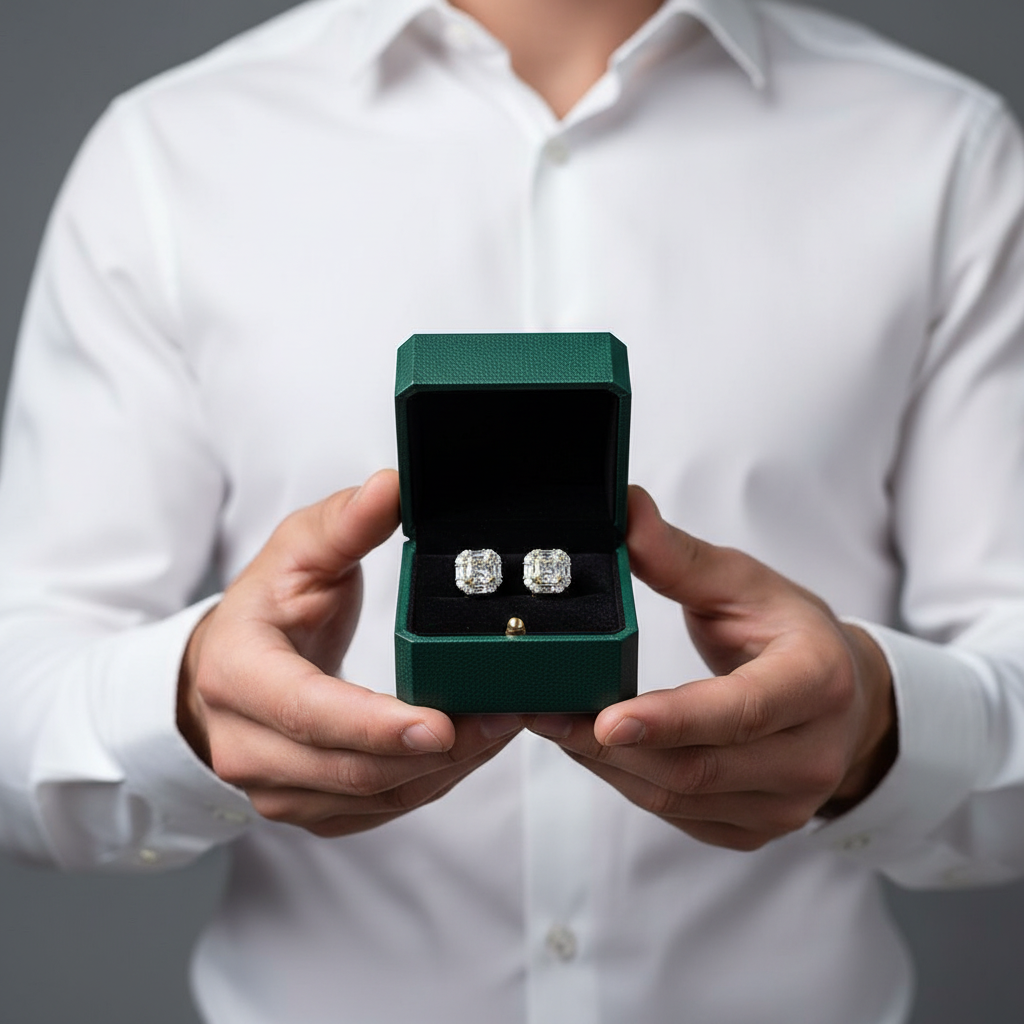A person in a white dress shirt holds an open dark green jewelry box with a pair of silver-toned stud earrings inside against a gray studio background.