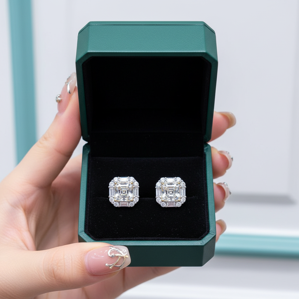 A hand holds an open dark green jewelry box with a black velvet insert, displaying a pair of silver stud earrings with clear baguette-cut gemstones.