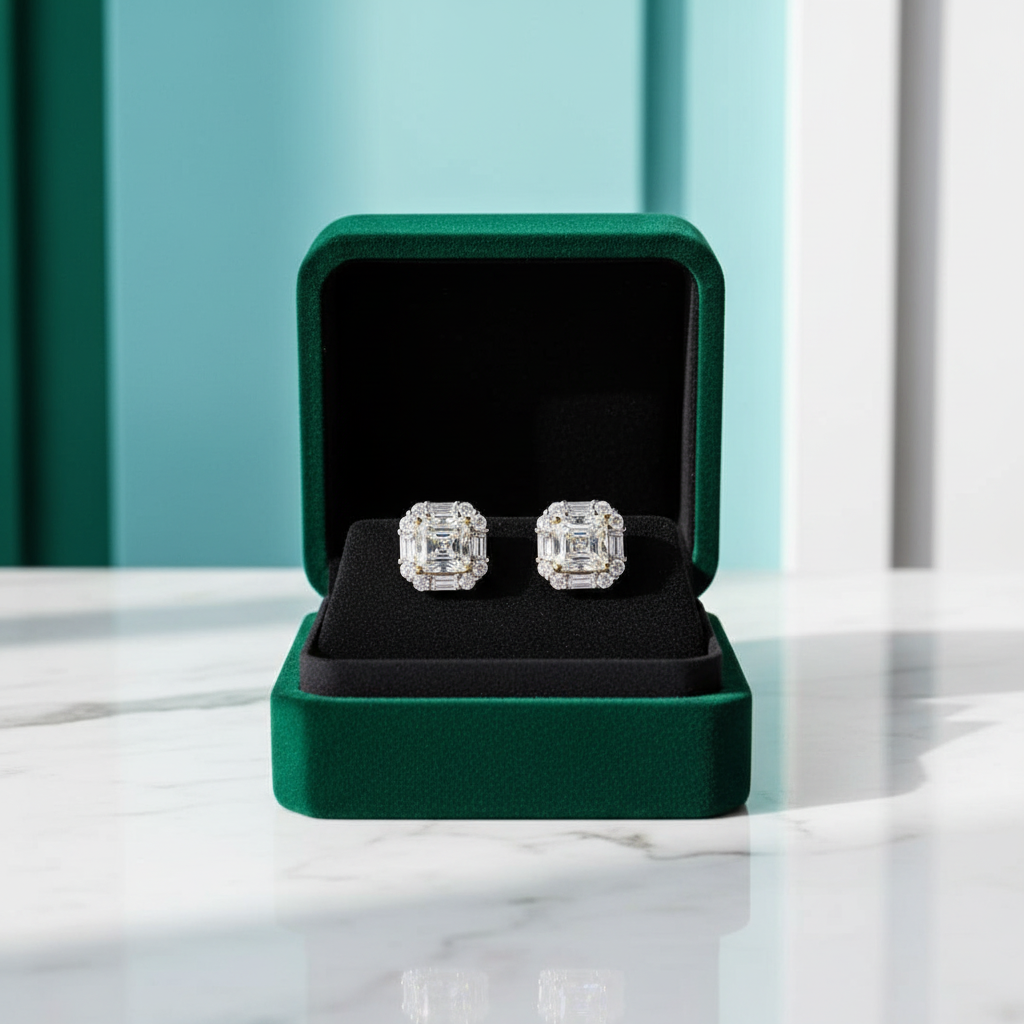 A pair of square-cut diamond stud earrings displayed in an open dark green velvet jewelry box on a white marble surface.