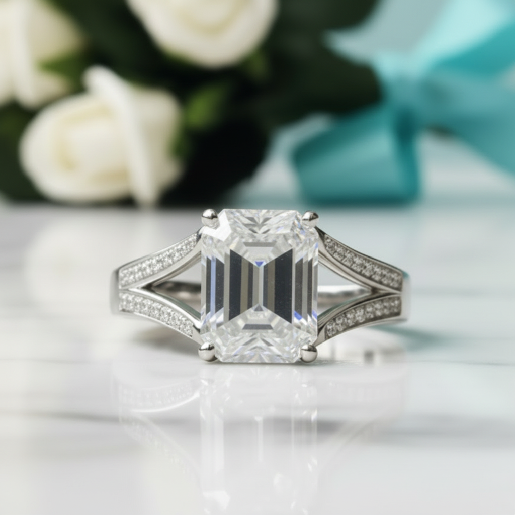 2.0 Ct Emerald Cut Diamond 18K White Gold Split Shank Engagement Ring-Evani Jewelry
