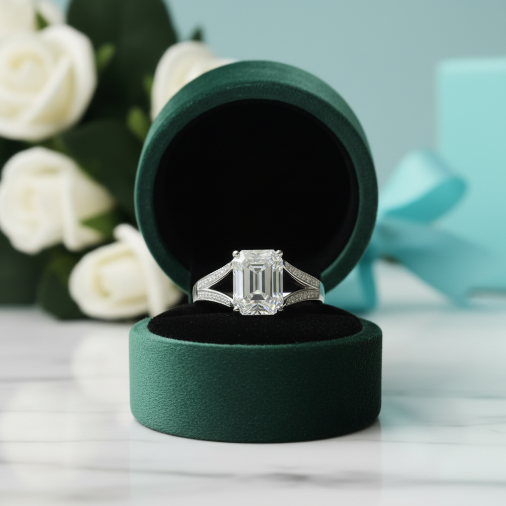2.0 Ct Emerald Cut Diamond Option 18K White Gold Split Shank Engagement Ring - Evani Naomi Jewelry