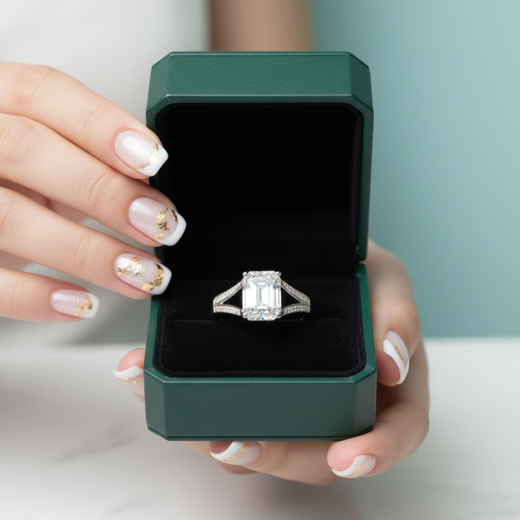 2.0 Ct Emerald Cut Diamond Option 18K White Gold Split Shank Engagement Ring - Evani Naomi Jewelry