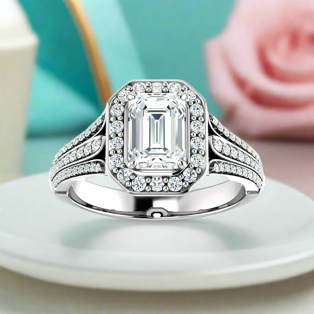 2.0 Ct Emerald-Cut Diamond Triple Pave Bezel Halo Engagement Ring-Evani Naomi Jewelry