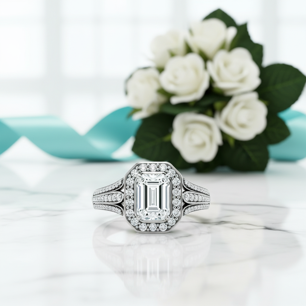 2.0 Ct Emerald-Cut Diamond Triple Pave Bezel Halo Engagement Ring-Evani Jewelry