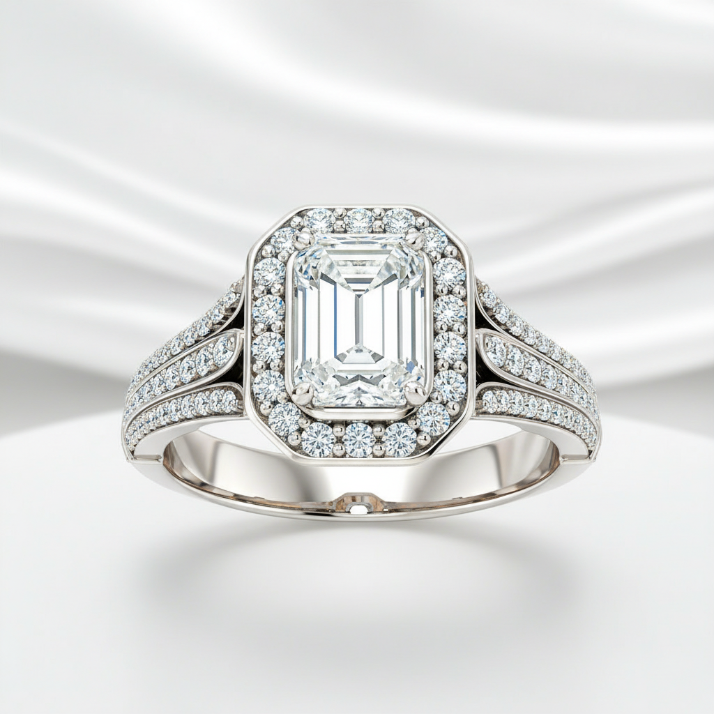 2.0 Ct Emerald-Cut Diamond Option Triple Pave Bezel Halo Engagement Ring - Evani Naomi Jewelry