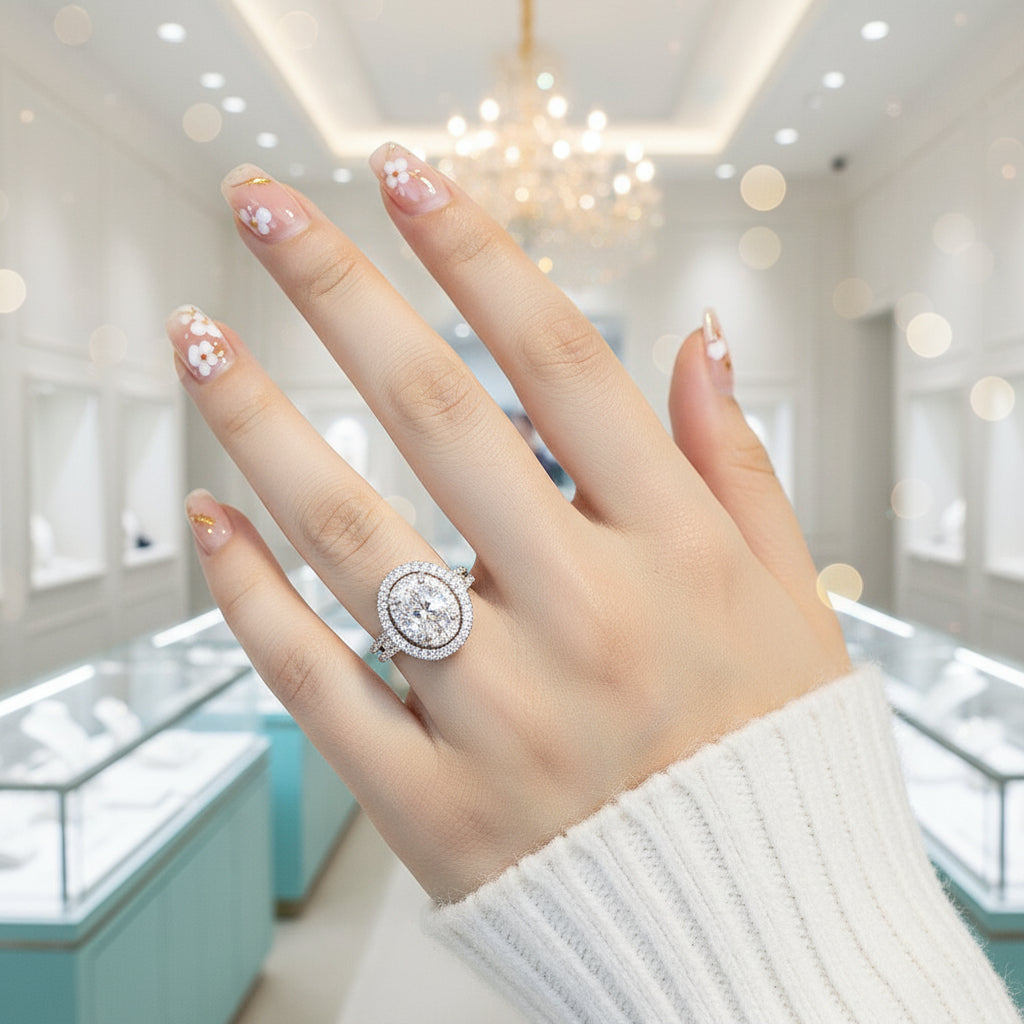 2.0 Ct Oval Cut Diamond Double Halo Engagement Ring-Evani Jewelry