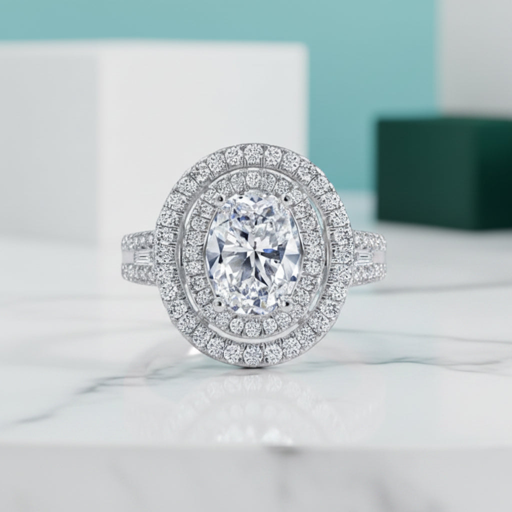 2.0 Ct Oval Cut Diamond Double Halo Engagement Ring-Evani Jewelry