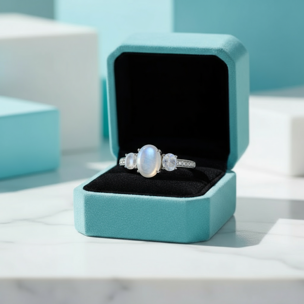 2.0 Ct Oval Cut Three Stone Moonstone Engagement Ring-Evani Jewelry