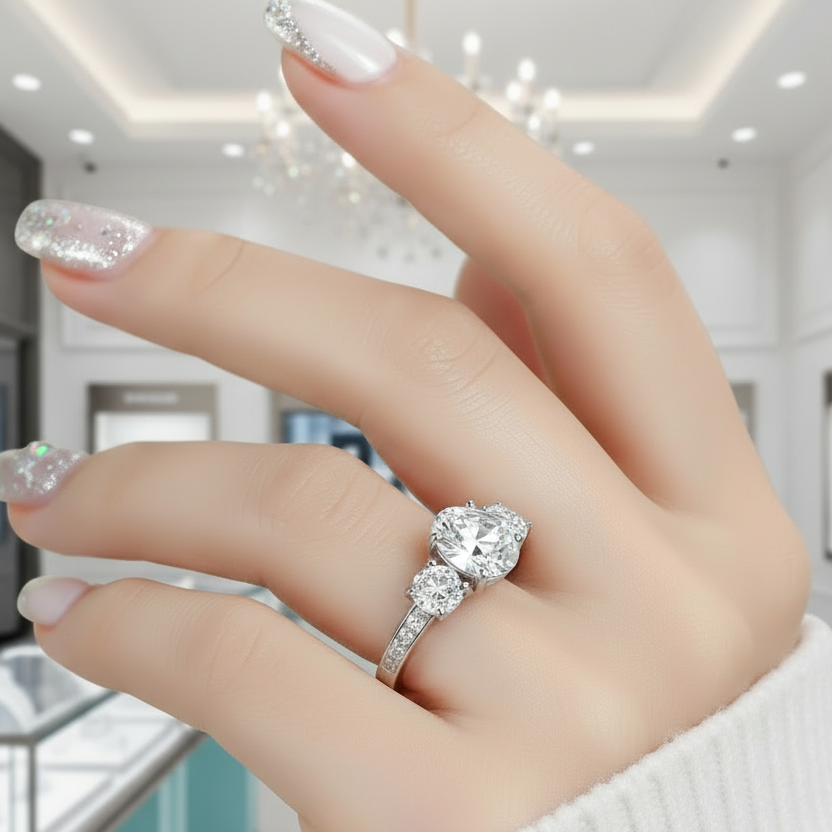 2.0 Ct Oval Cut Three Stone Moonstone Engagement Ring-Evani Jewelry