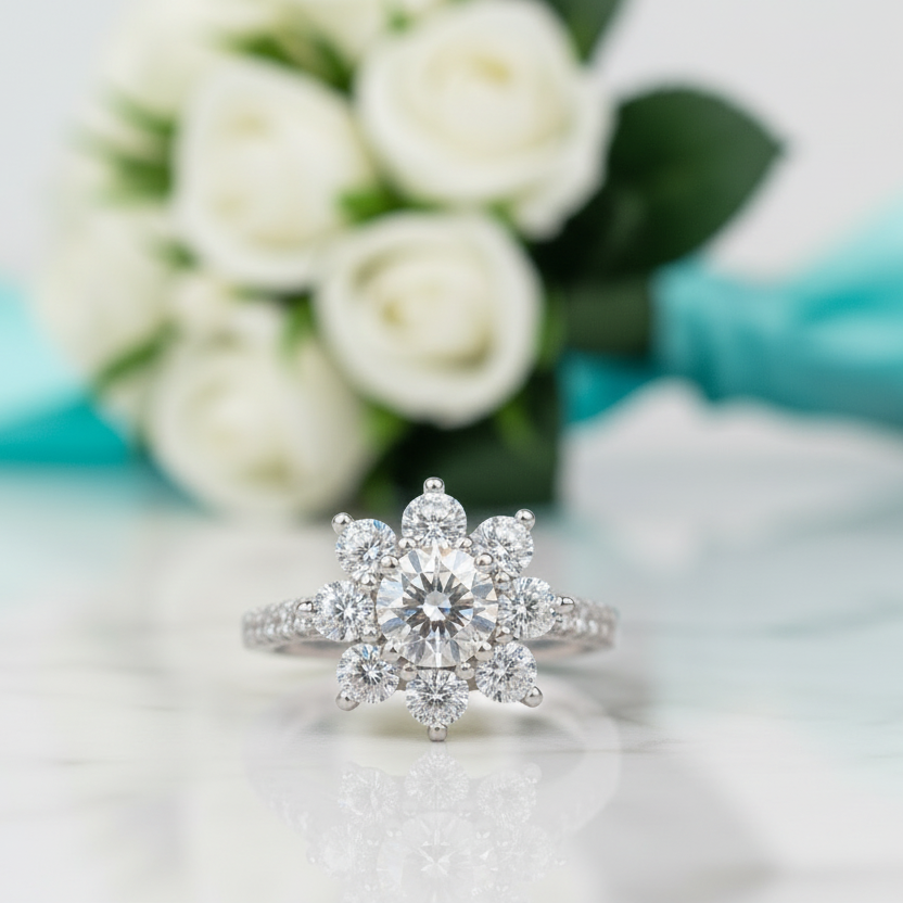 2.0 Ct Round Cut Diamond Sunflower Halo Engagement Ring-Evani Jewelry
