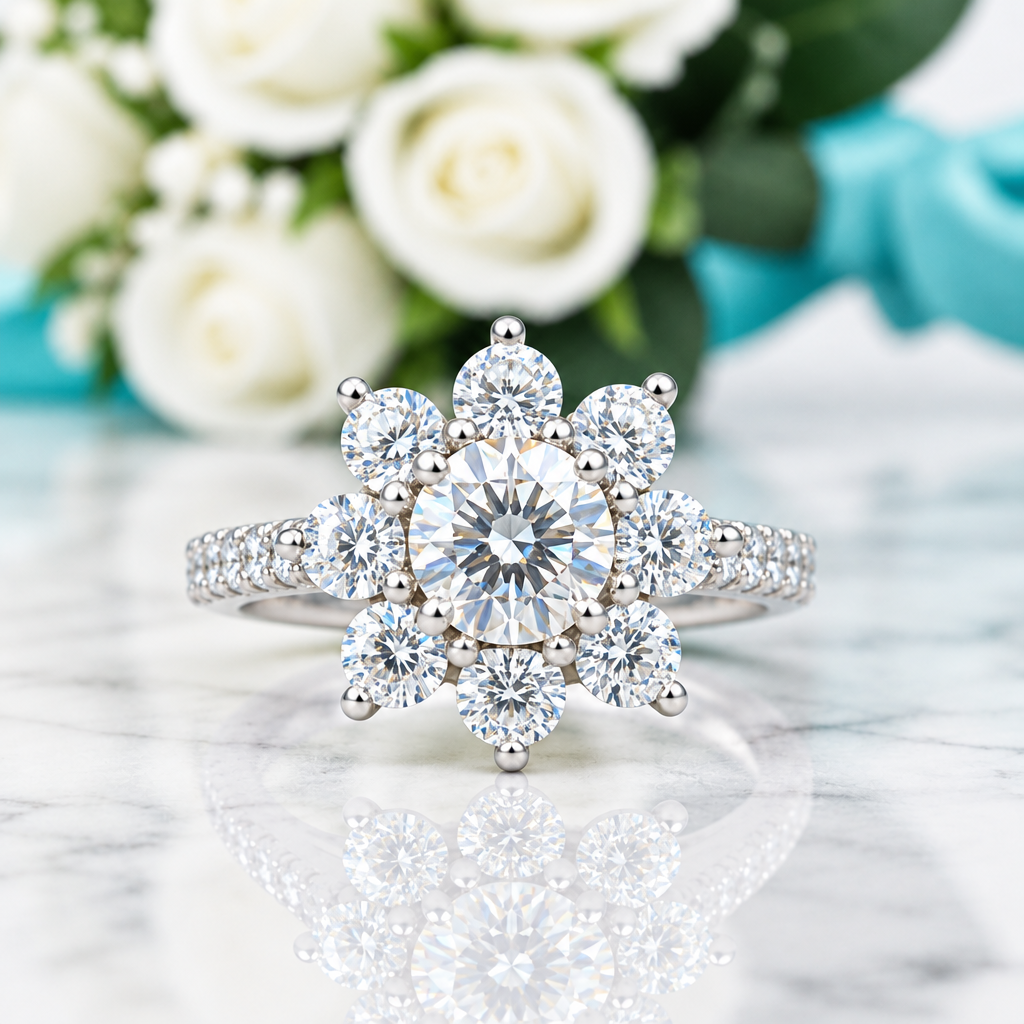 2.0 Ct Round Cut Diamond Sunflower Halo Engagement Ring-Evani Jewelry