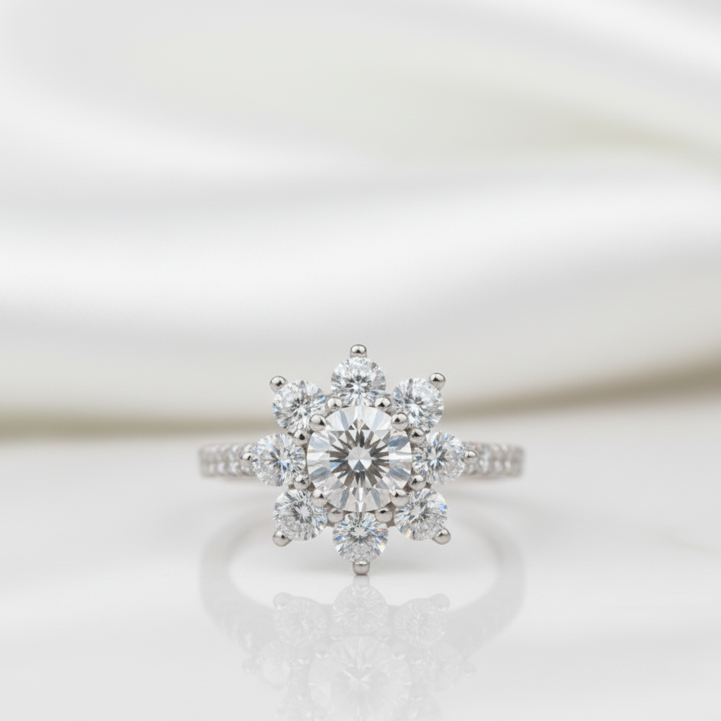2.0 Ct Round Cut Diamond Option Sunflower Halo Engagement Ring - Evani Naomi Jewelry