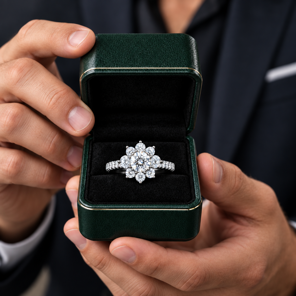 A close-up of a man holding an open dark green ring box with a silver-toned diamond ring featuring a floral snowflake design on a black velvet interior.