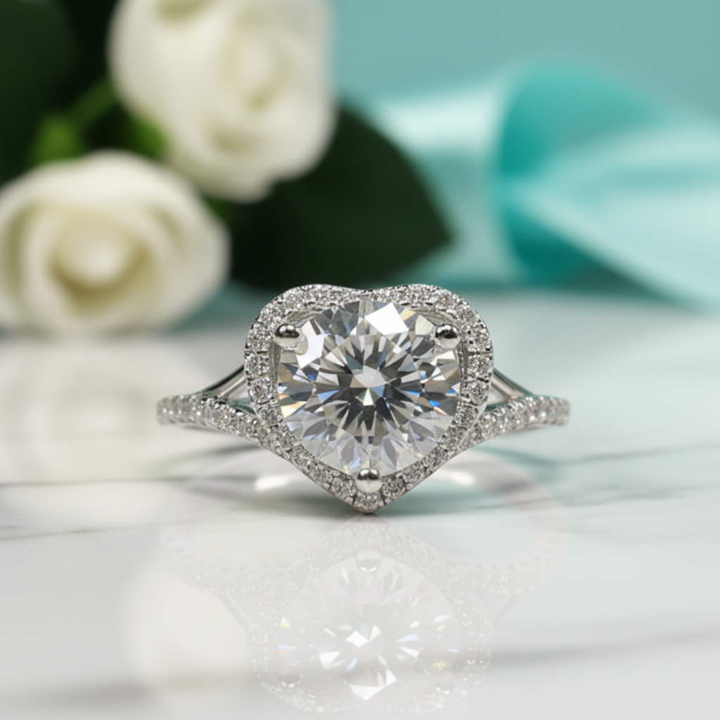2.0 Ct Round Moisssanite with Heart Shape Engagement Ring-Evani Jewelry