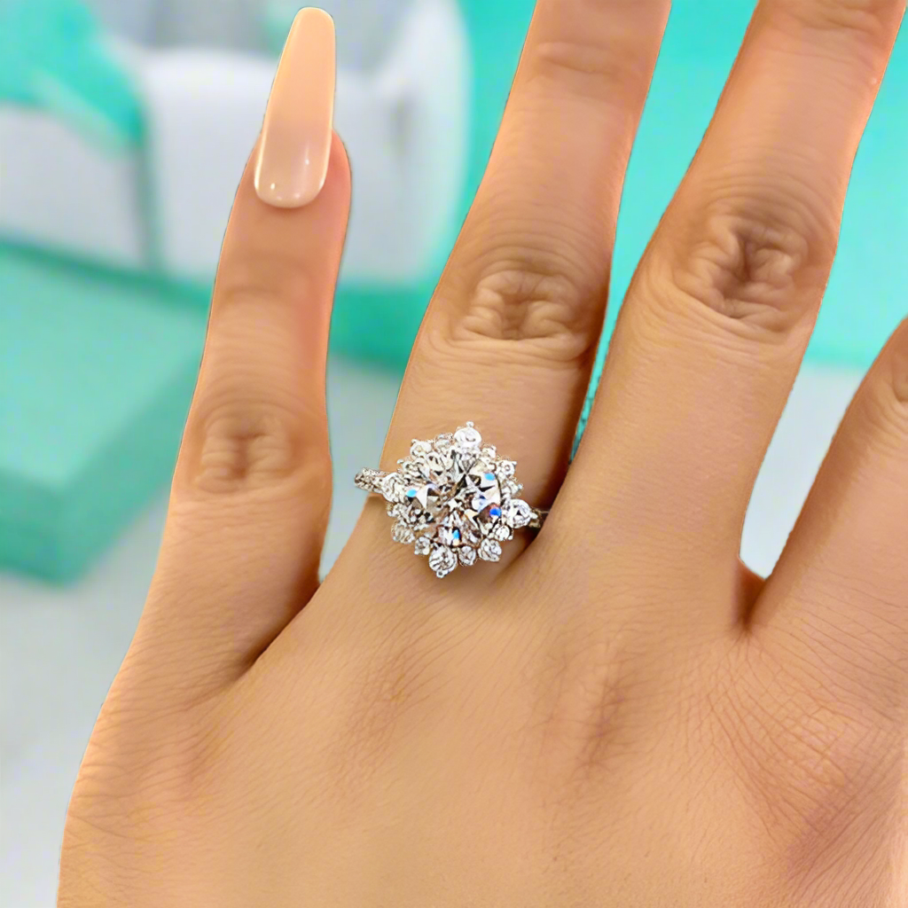 2.0 ct Round Cut Diamond in Snowflake Design Engagement Ring with Halo-Evani Naomi Jewelry