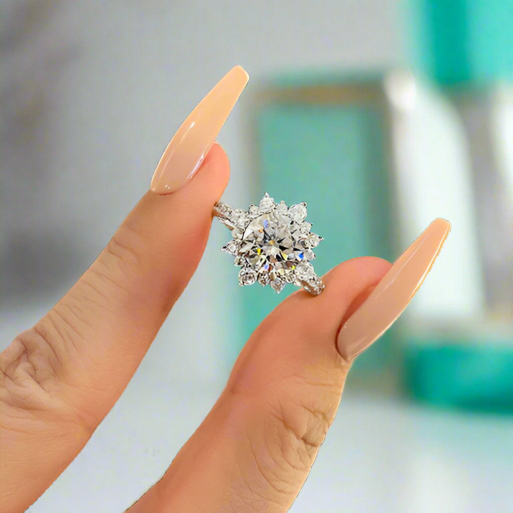 2.0 ct Round Cut Diamond in Snowflake Design Engagement Ring with Halo-Evani Naomi Jewelry
