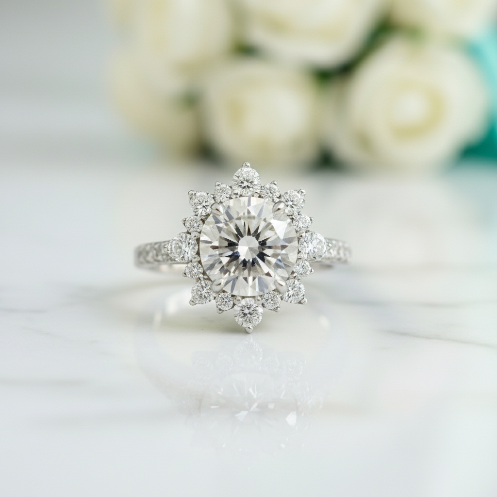 2.0 ct Round Cut Diamond in Snowflake Design Engagement Ring with Halo-Evani Jewelry